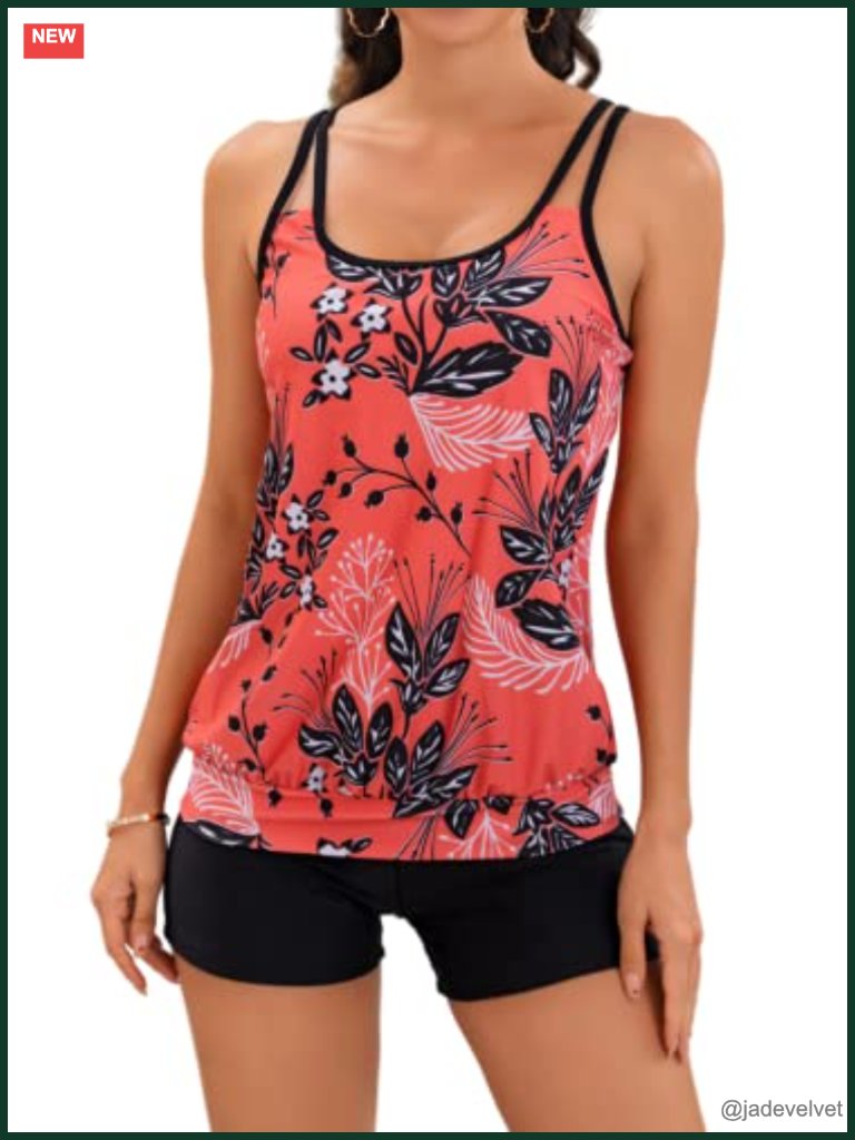 Tankini Swimsuit Tummy Control Blouson Two Piece High Waist Boy Shorts Swimwear